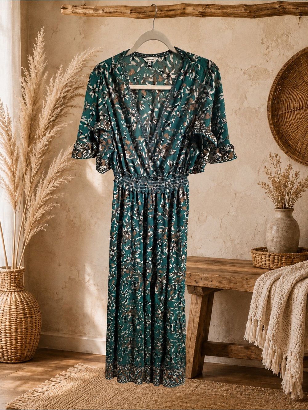 Max Studio 1X Teal Floral Boho Smocked Waist Flutter Maxi Dress - Picture 4 of 10